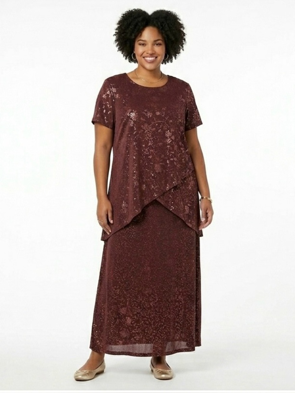 Positive Attitude Vintage Brown Women's 2 Piece Maxi Short Sleeve Dress Set 18